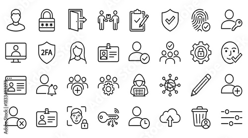 Collection of Security and User Authentication Icons in Black Outlines