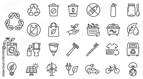 Eco-Friendly Linear Icons Set Representing Sustainable Living on White