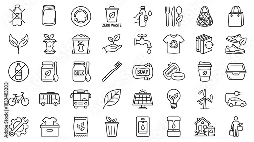 Eco-Friendly Outline Icons Set: Zero Waste and Sustainability Line Art