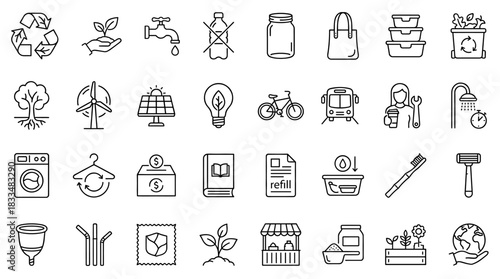 Linear icons representing sustainable practices, promoting ecological awareness, and conservation efforts isolated on white background