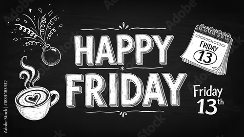 Handdrawn Black Chalkboard Happy Friday 13th Celebration Concept Illustration