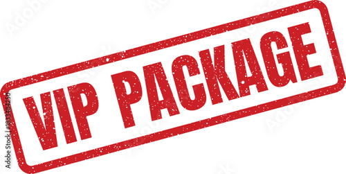 Red rectangular grunge texture rubber stamp displaying VIP PACKAGE text for a premium service offering