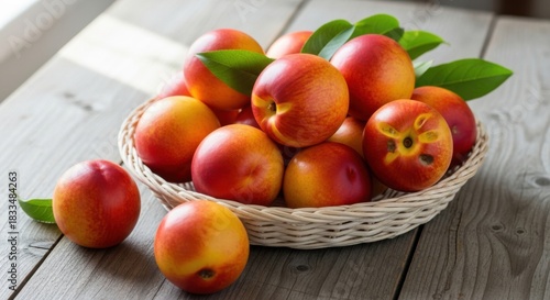 Wicker basket holding sweet ripe nectarines isolated against a neutral gray background for fruit market concepts