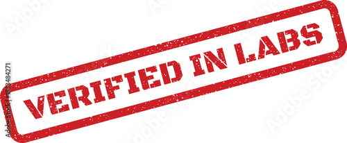 Red rectangular grunged textured stamp with the words verified in labs, signifying testing and quality assurance for products or research