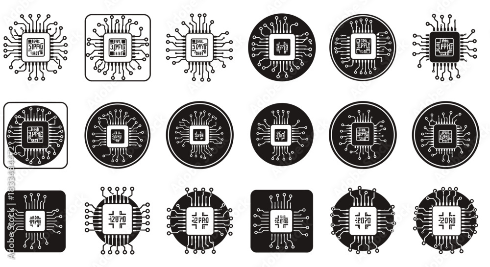 Obraz premium A comprehensive collection of modern vector microchip and CPU icons, presented in various black and white styles, perfect for technology and digital design projects.