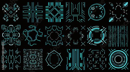 A collection of intricate vector graphics featuring digital circuit board designs and patterns in a striking teal color, perfect for technology-related projects and visual enhancements.