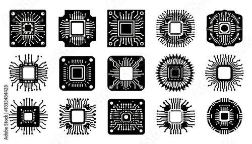 A collection of vector graphics showcasing various computer processor designs in a modern, flat style, perfect for technology-related projects and digital design applications.