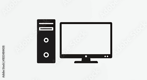 A sleek, black vector icon illustrates a modern desktop computer setup, featuring a CPU tower and a flat-screen monitor, ideal for various digital design projects.