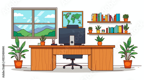 A vibrant vector illustration depicts a modern office interior with a desk, computer, and a window overlooking a scenic landscape, perfect for business and technology themes.