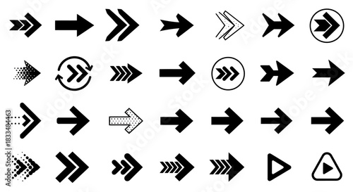 A diverse collection of black arrow vector icons, meticulously crafted for digital interfaces, presentations, and graphic design projects, offering a range of styles and directions.