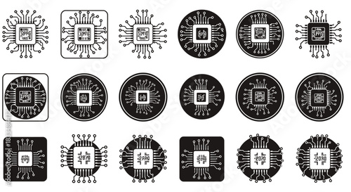 A comprehensive collection of modern vector microchip and CPU icons, presented in various black and white styles, perfect for technology and digital design projects.