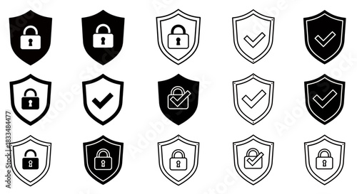 A versatile set of vector shield icons displaying secure locks and validating checkmarks, representing robust digital security and data protection concepts.