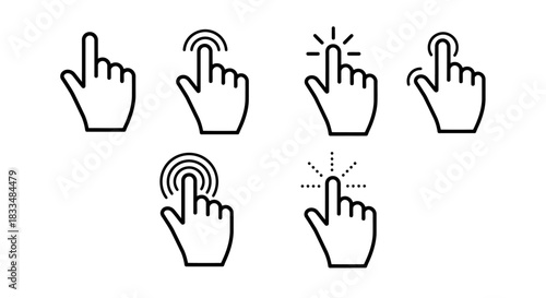 A set of vector illustrations showcases different hand cursor designs, highlighting the act of clicking or selecting on a digital interface, perfect for user interface design.