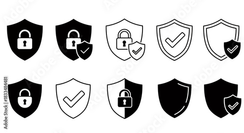 A collection of vector shields featuring security icons, including locks, checkmarks, and protective elements, perfect for digital safety and data protection concepts on a white background.