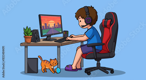 A young boy wearing headphones is intensely focused on playing a video game on his personal computer setup, with a playful cat nearby.