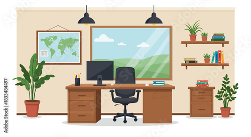 A modern home office setup, featuring a computer, desk, chair, plants, and a world map, creating a comfortable and productive workspace environment.