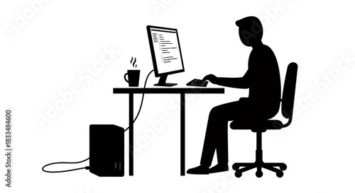A silhouette of a person working on a computer at a desk, with a cup of coffee nearby, representing technology and productivity in a modern office environment.