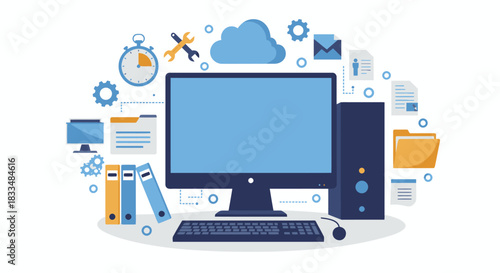 A blue computer workstation with peripherals such as a mouse and keyboard sits on a desk surrounded by work-related icons, presented as a clean vector graphic.