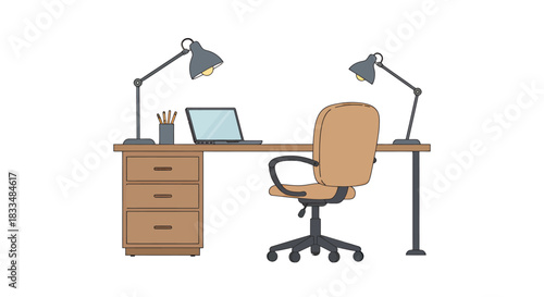 A vector illustration depicts a modern computer workstation featuring a laptop, desk, chair, and lamps, ideal for remote work or home office concepts.