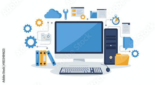 A vibrant vector illustration showcasing a modern computer setup, complete with a monitor, tower, keyboard, and mouse, surrounded by various digital icons and elements, perfect for technology-related