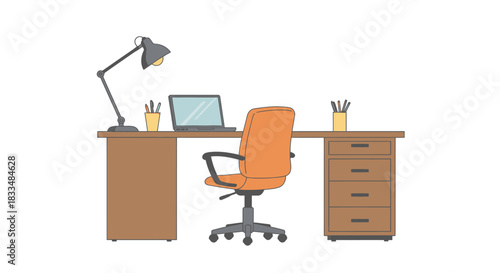 A modern and organized home office workspace featuring a laptop computer, an ergonomic chair, and a desk lamp, presented as a clean vector illustration.