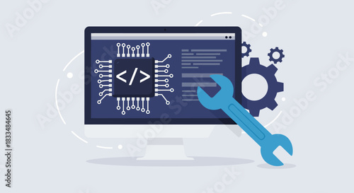 A vector illustration shows a computer screen displaying coding symbols, accompanied by a wrench and gears, representing software development and technical maintenance.