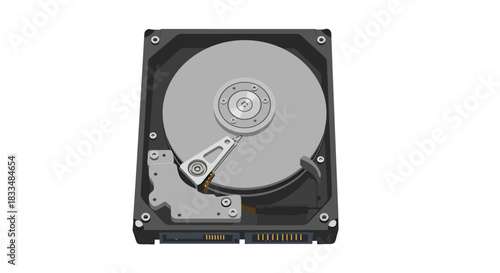 A detailed vector illustration showcases an open computer hard drive, revealing its internal components on a clean white background, perfect for technology-related projects and presentations.