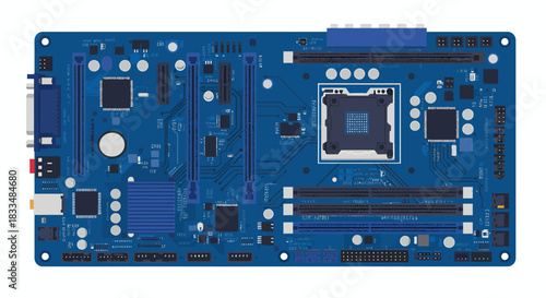 Detailed vector illustration of a blue computer motherboard, showcasing its intricate components and design, perfect for technology-related projects and presentations.