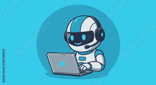 A friendly robot wearing a headset works on a laptop computer, vector illustration, presented in a modern, clean, and minimalist style, perfect for technology and artificial intelligence concepts.