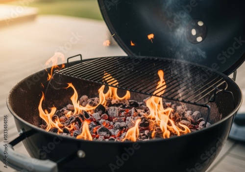 Empty charcoal grill with open flames and glowing embers ready for barbecue product placement