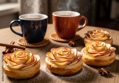 Baked apple rose puff pastries served on a table accompanied by mugs of hot tea