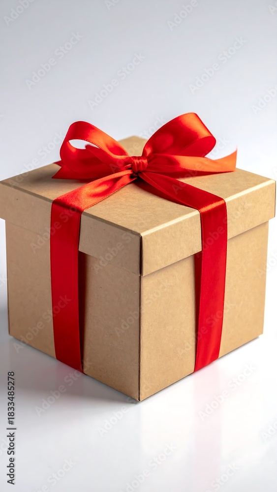 Obraz premium Square box tied with a vibrant red satin ribbon, against a white backdrop