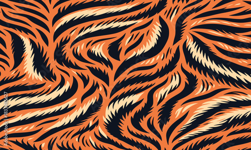 Abstract tiger animal print with vibrant orange and black stripes, a seamless wild skin and fur texture pattern for background design