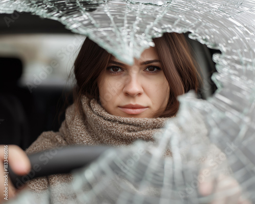 Young female driver looking through broken windshield after car crash