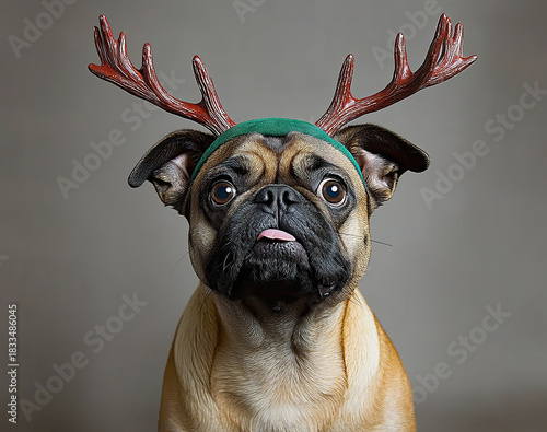 3D rendering. Portrait French Bulldog dog wearing red Christmas reindeer antler green background, New Year's atmosphere 3D rendering