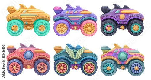 Wallpaper Mural Colorful Toy Vehicles With Unique Emblems on Transparent Background Torontodigital.ca