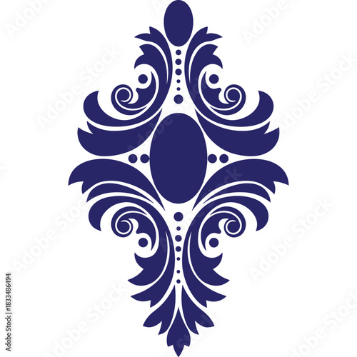 Elegant Deep Blue Damask Pattern Ornate Design on Black Background Intricate Floral Swirls Classic Textile Motif Luxurious Decorative Element Subtle Sophistication Rich Texture