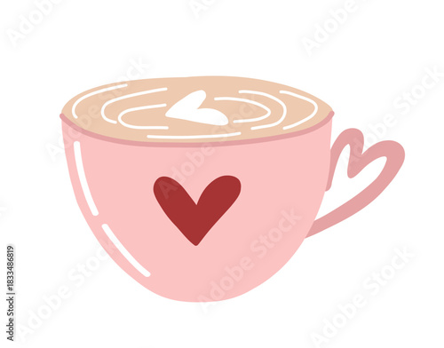 Hand drawn coffee cup with heart latte art in a cute minimal style. Perfect for Valentine’s Day stickers, cards, posters and cozy romantic designs.