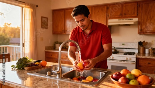 Latino man rinsing fruit under faucet in sunlit kitchen, warm tones and healthy home routine
