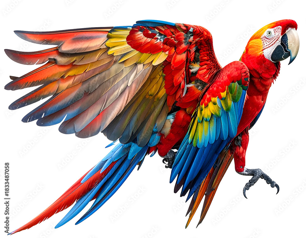 Fototapeta premium Vibrant colorful macaw parrot with outstretched wings in flight