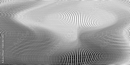 Black halftone wave background. Abstract grainy fluid texture. Dotted curved dot flow wallpaper. Grit swoosh overlay element for poster, banner, brochure, flyer, leaflet, template. Vector backdrop