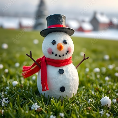 Funny, Cute snowman on the grass