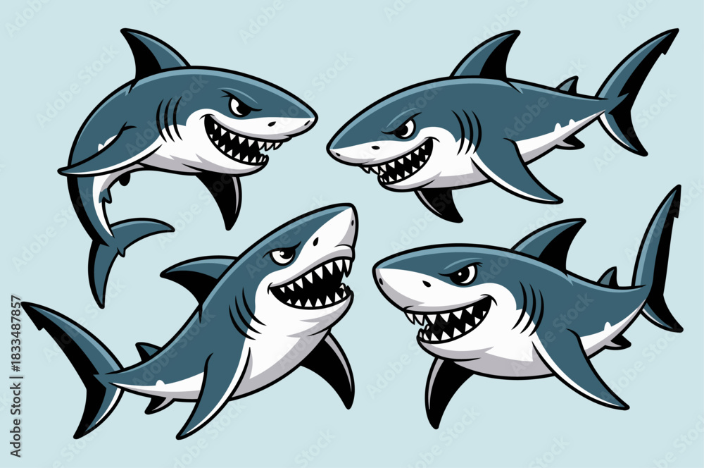Obraz premium Aggressive Shark Illustrations in Bold Colors for Creative Projects