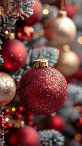 Red glitter Christmas ornament hanging on frosted pine branch with warm bokeh lights and gold baubles creating festive cozy atmosphere