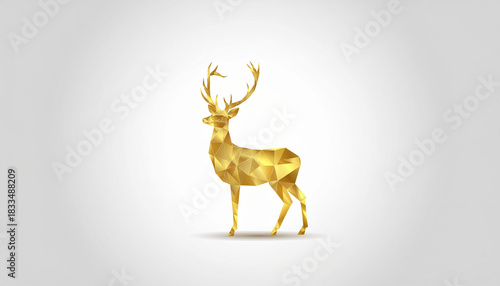 Golden geometric deer sculpture with polygonal facets standing on neutral background expressing elegance and modern design