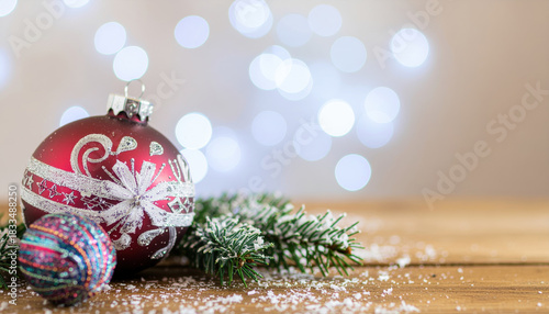 Red Christmas ornament with silver ribbon pattern, evergreen branch, small glitter ball, wooden table, soft bokeh lights, snowy details