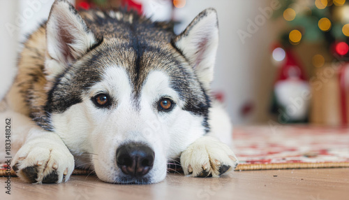Sleeping husky dog lying on floor near decorated holiday tree, cozy domestic pet portrait with warm bokeh lights and festive atmosphere