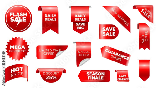 Red sale tags and discount labels vector set for online shopping promotion, flash sale, and special offer