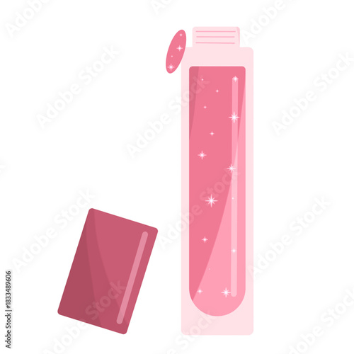 A vector illustration of pink lipstick with glitter lip glossy without background