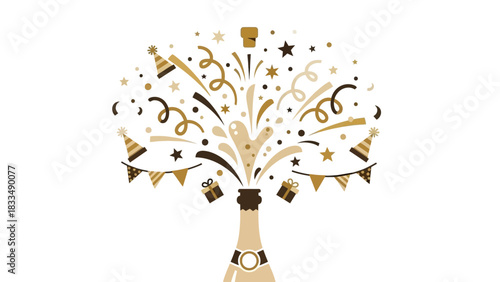 Golden Champagne Bottle Explosion with Streamers Vector